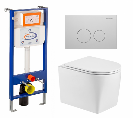 Комплект 3 в 1 инсталляция Enio Aquanika +  Унитаз подвесной WeltWasser Nesenbach 004 GL-WT + кнопка белая круглая