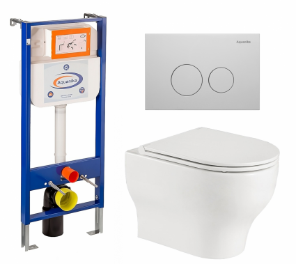 Комплект 3 в 1 инсталляция Enio Aquanika + Подвесной унитаз WeltWasser Erlenbach 004 GL-WT + кнопка белая круглая