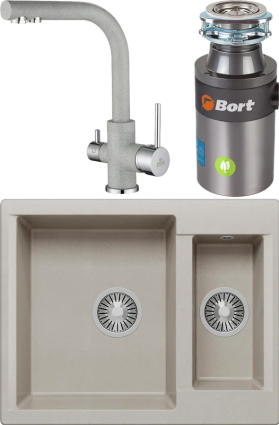 Комплект Мойка кухонная Polygran Brig 620 серая + Смеситель Paulmark Essen Es213011-310 серый + Измельчитель Bort Titan 4000 Plus матовая, прямоугольная