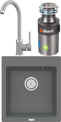 Комплект Мойка кухонная Point Моко 47 серая + Смеситель PN3101 серый + Измельчитель Bort Titan 4000 Plus матовая, квадратная