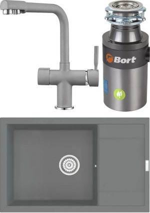 Комплект Мойка кухонная Point Велета 78 серая + Смеситель PN3104 серый + Измельчитель Bort Titan 4000 Plus матовая, прямоугольная
