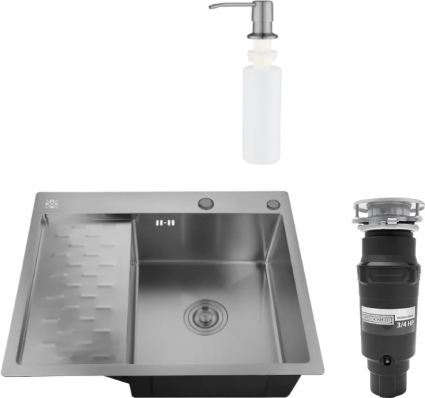 Комплект Мойка кухонная РМС MRK-6350BL-R c дозатором, графит + Измельчитель Bone Crusher BC 910-SL-Slim Line, матовая, прямоугольная