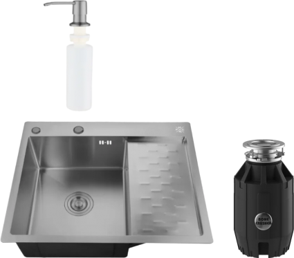 Комплект Мойка кухонная РМС MRK-6350BL-L c дозатором, графит + Измельчитель Bone Crusher BC 910-AS, матовая, прямоугольная