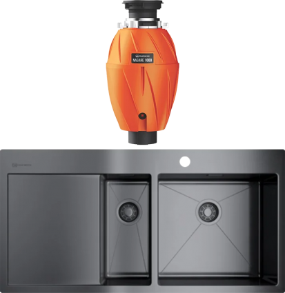 Комплект Мойка кухонная Omoikiri Akisame 100-2-GM-R вороненая сталь + Измельчитель Nagare 1000 брашированная, прямоугольная