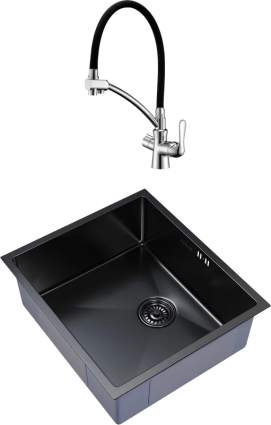 Комплект Мойка кухонная Mixline 548569 черный графит + Смеситель Lemark Comfort LM3070C с гибким изливом, хром, черный, матовая, прямоугольная