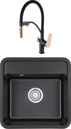 Комплект Мойка кухонная Granula Standart 5001, черный + Смеситель Lemark Bronx LM3761BLR черный/золото с гибким изливом, матовая, квадратная