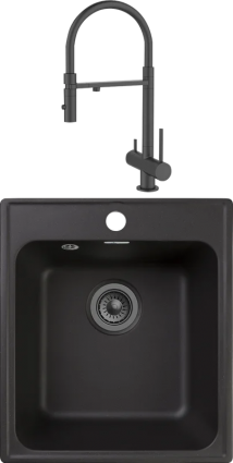 Комплект Мойка кухонная GranFest Quarz Z17 черный + Смеситель IDDIS Ace ACEBLFFi05 черный матовый, с гибким изливом, матовая, прямоугольная