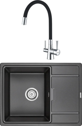 Комплект Мойка кухонная Paulmark Flugen 50-650 PM216550-BL черный + Смеситель Lemark Comfort LM3075C с гибким изливом, хром, черный, матовая, прямоугольная