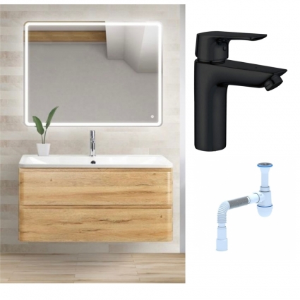 Комплект: Мебель для ванной BelBagno Albano 90 rovere rustico + Смеситель Aquanet Static AF330-10B для раковины, чёрный + Сифон АниПласт