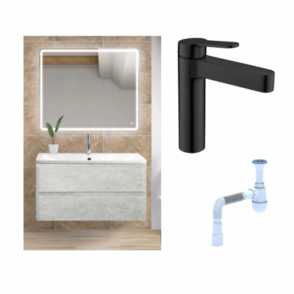 Комплект: Мебель для ванной BelBagno Albano 80 cemento verona grigio + Смеситель для раковины BelBagno Delta DEL-LVM-NERO черный + Сифон АниПласт