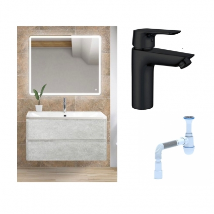 Комплект: Мебель для ванной BelBagno Albano 80 cemento verona grigio + Смеситель Aquanet Static AF330-10B для раковины, чёрный + Сифон АниПласт