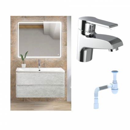 Комплект: Мебель для ванной BelBagno Albano 80 cemento verona grigio + Смеситель Agger Right A2902100 для раковины однорычажный, хром + Сифон АниПласт