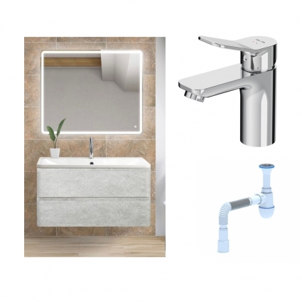 Комплект: Мебель для ванной BelBagno Albano 80 cemento verona grigio +  Смеситель Am.Pm X-Joy F85A02100 для раковины однорычажный, хром + Сифон АниПласт