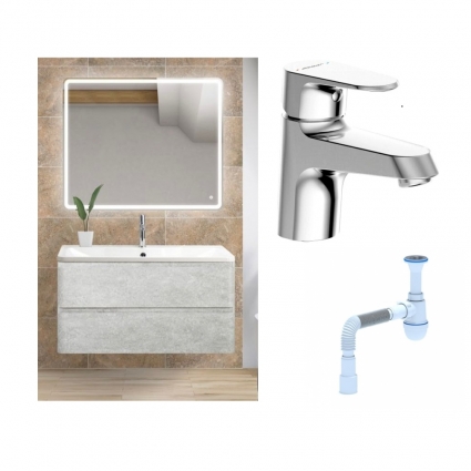 Комплект: Мебель для ванной BelBagno Albano 80 cemento verona grigio + Смеситель Bravat Alfa F1120178CP для раковины, хром + Сифон АниПласт