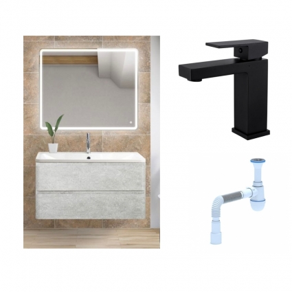 Комплект: Мебель для ванной BelBagno Albano 100 cemento verona grigio + Смеситель для раковины Haiba HB10803-7 + Сифон АниПласт