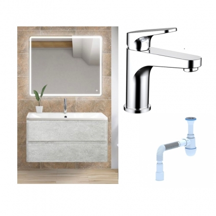 Комплект: Мебель для ванной BelBagno Albano 100 cemento verona grigio + Смеситель Bravat Eler F1191238CP-RUS для раковины однорычажный, хром + Сифон АниПласт