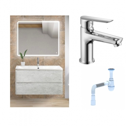 Комплект: Мебель для ванной BelBagno Albano 100 cemento verona grigio + Смеситель для раковины Haiba HB10198, хром + Сифон АниПласт