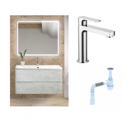 Комплект: Мебель для ванной BelBagno Albano 100 cemento verona grigio + Смеситель Lemark plus Grace LM1537C для раковины однорычажный, хром + Сифон АниПласт
