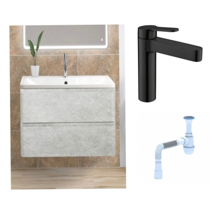 Комплект: Тумба с раковиной BelBagno Albano 80 cemento verona grigio + Смеситель для раковины BelBagno Delta DEL-LVM-NERO однорычажный черный + Сифон АниПласт