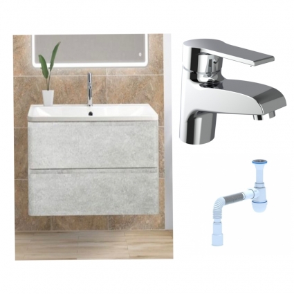 Комплект: Тумба с раковиной BelBagno Albano 80 cemento verona grigio + Смеситель Agger Right A2902100 для раковины однорычажный хром + Сифон АниПласт