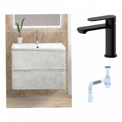 Комплект: Тумба с раковиной BelBagno Albano 100 cemento verona grigio + Смеситель для раковины Haiba HB10590-7, черный + Сифон АниПласт