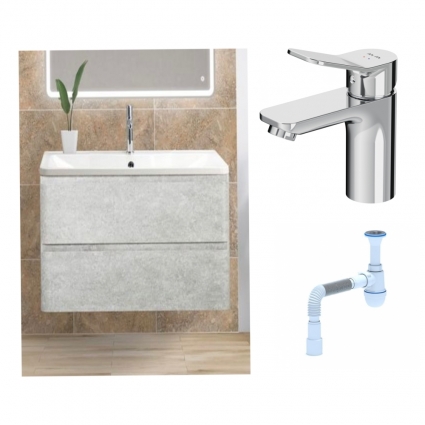 Комплект: Тумба с раковиной BelBagno Albano 100 cemento verona grigio + Смеситель Am.Pm X-Joy F85A02100 для раковины однорычажный, хром + Сифон АниПласт