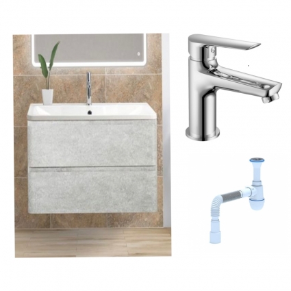 Комплект: Тумба с раковиной BelBagno Albano 100 cemento verona grigio + Смеситель для раковины Haiba HB10198, хром + Сифон АниПласт