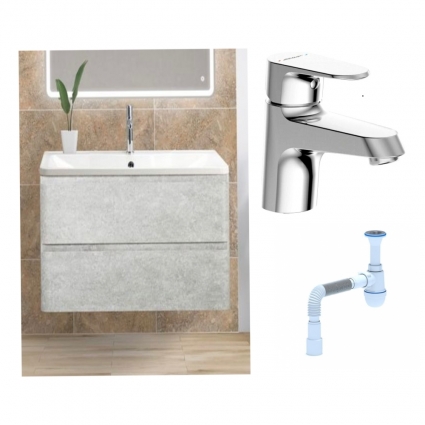 Комплект: Тумба с раковиной BelBagno Albano 100 cemento verona grigio + Смеситель Bravat Alfa F1120178CP для раковины, хром + Сифон АниПласт