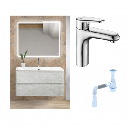 Комплект: Тумба с раковиной BelBagno Albano 100 cemento verona grigio + Смеситель Lemark Point LM0306C для раковины однорычажный, хром + Сифон АниПласт