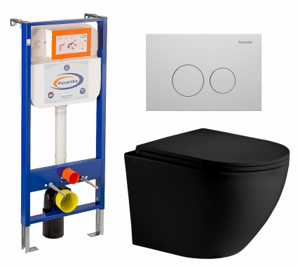 Комплект 3 в 1 инсталляция Enio Aquanika + Унитаз подвесной Weltwasser WW Merzbach 043 MT-BL + кнопка белая круглая