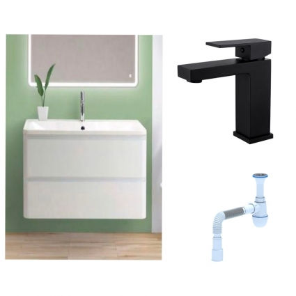 Комплект:  Тумба с раковиной BelBagno Albano 80 bianco lucido + Смеситель для раковины Haiba HB10803-7, черный + Сифон АниПласт