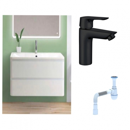 Комплект: Тумба с раковиной BelBagno Albano 80 bianco lucido + Смеситель Aquanet Static AF330-10B для раковины, чёрный + Сифон АниПласт