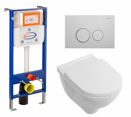 Комплект 3 в 1 инсталляция Enio Aquanika +  Унитаз подвесной Villeroy & Boch O Novo + кнопка белая хром круглая