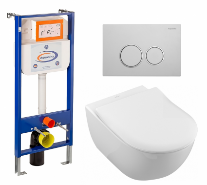 Комплект 3 в 1 инсталляция Enio Aquanika + Унитаз подвесной Villeroy & Boch Subway 2.0 5614R201 + кнопка белая хром круглая