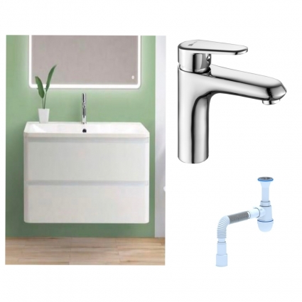 Комплект: Тумба с раковиной BelBagno Albano 80 bianco lucido + Смеситель Lemark Point LM0306C для раковины однорычажный, хром + Сифон АниПласт