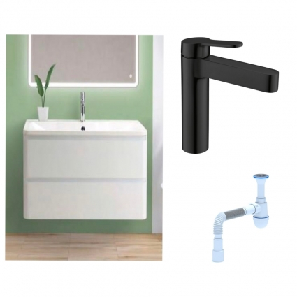 Комплект: Тумба с раковиной BelBagno Albano 90 bianco lucido + Смеситель для раковины BelBagno Delta DEL-LVM-NERO однорычажный черный + Сифон АниПласт
