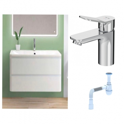 Комплект: Тумба с раковиной BelBagno Albano 90 bianco lucido + Смеситель Am.Pm X-Joy F85A02100 для раковины однорычажный, хром + Сифон АниПласт