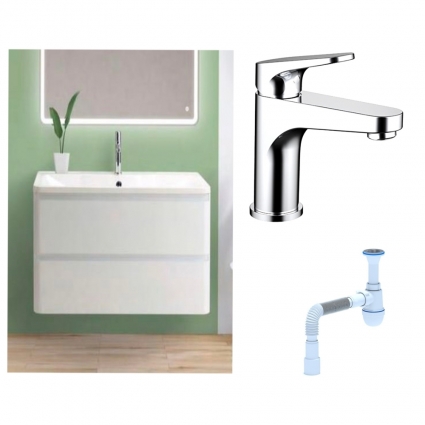 Комплект: Тумба с раковиной BelBagno Albano 90 bianco lucido + Смеситель Bravat Eler F1191238CP-RUS для раковины однорычажный, хром + Сифон АниПласт