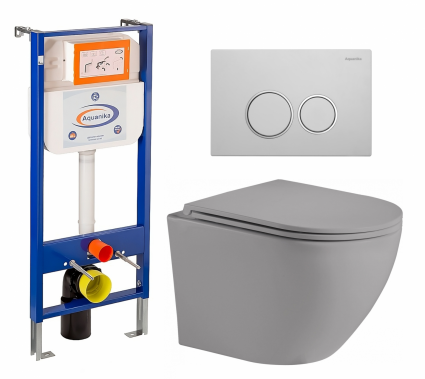 Комплект 3 в 1 инсталляция Enio Aquanika + Унитаз подвесной Weltwasser WW Merzbach 043 MT-GR + кнопка белая хром круглая