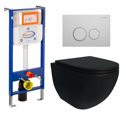 Комплект 3 в 1 инсталляция Enio Aquanika + Унитаз подвесной Enio Unico BL EN4105055 + кнопка белая хром круглая