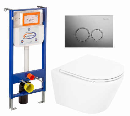 Комплект 3 в 1 инсталляция Enio Aquanika + Унитаз подвесной BelBagno Tre BB8001CHR/SC + кнопка хром круглая