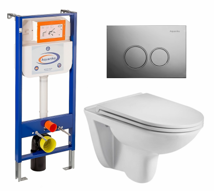 Комплект 3 в 1 инсталляция Enio Aquanika + Подвесной унитаз WeltWasser Baarbach 004 GL-WT + кнопка хром круглая