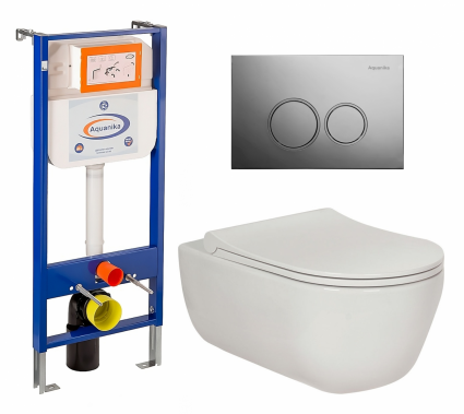 Комплект 3 в 1 инсталляция Enio Aquanika + Унитаз подвесной Berges Wasserhaus Ego XL 082118 + кнопка хром круглая
