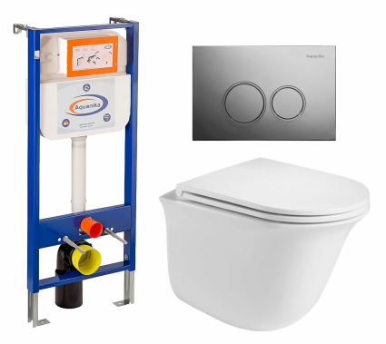 Комплект 3 в 1 инсталляция Enio Aquanika + Подвесной унитаз WeltWasser Telbach 004 GL-WT + кнопка хром круглая