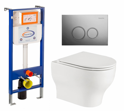 Комплект 3 в 1 инсталляция Enio Aquanika + Подвесной унитаз WeltWasser Erlenbach 004 GL-WT + кнопка хром круглая