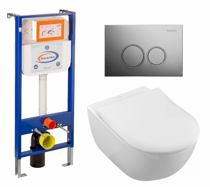 Комплект 3 в 1 инсталляция Enio Aquanika + Унитаз подвесной Villeroy & Boch Subway 2.0 5614R201 + кнопка хром круглая