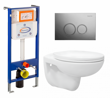 Комплект 3 в 1 инсталляция Enio Aquanika + Унитаз подвесной Enio Ekos EN0170571 + кнопка хром круглая