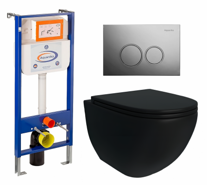 Комплект 3 в 1 инсталляция Enio Aquanika + Унитаз подвесной Enio Unico BL EN4105055 + кнопка хром круглая