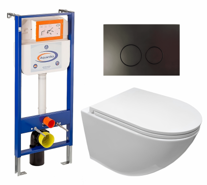 Комплект 3 в 1 инсталляция Enio Aquanika + Подвесной безободковый унитаз CeruttiSpa Sella aria CT7183 + кнопка черная матовая круглая