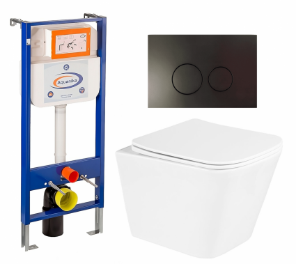 Комплект 3 в 1 инсталляция Enio Aquanika + Унитаз подвесной BelBagno Due BB3103CHR/SC + кнопка черная матовая круглая